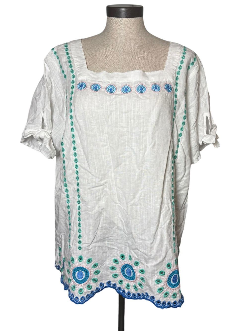 Talbots Plus 2X Linen Cotton Embroidered White Boho Tunic Top Peasant Blouse